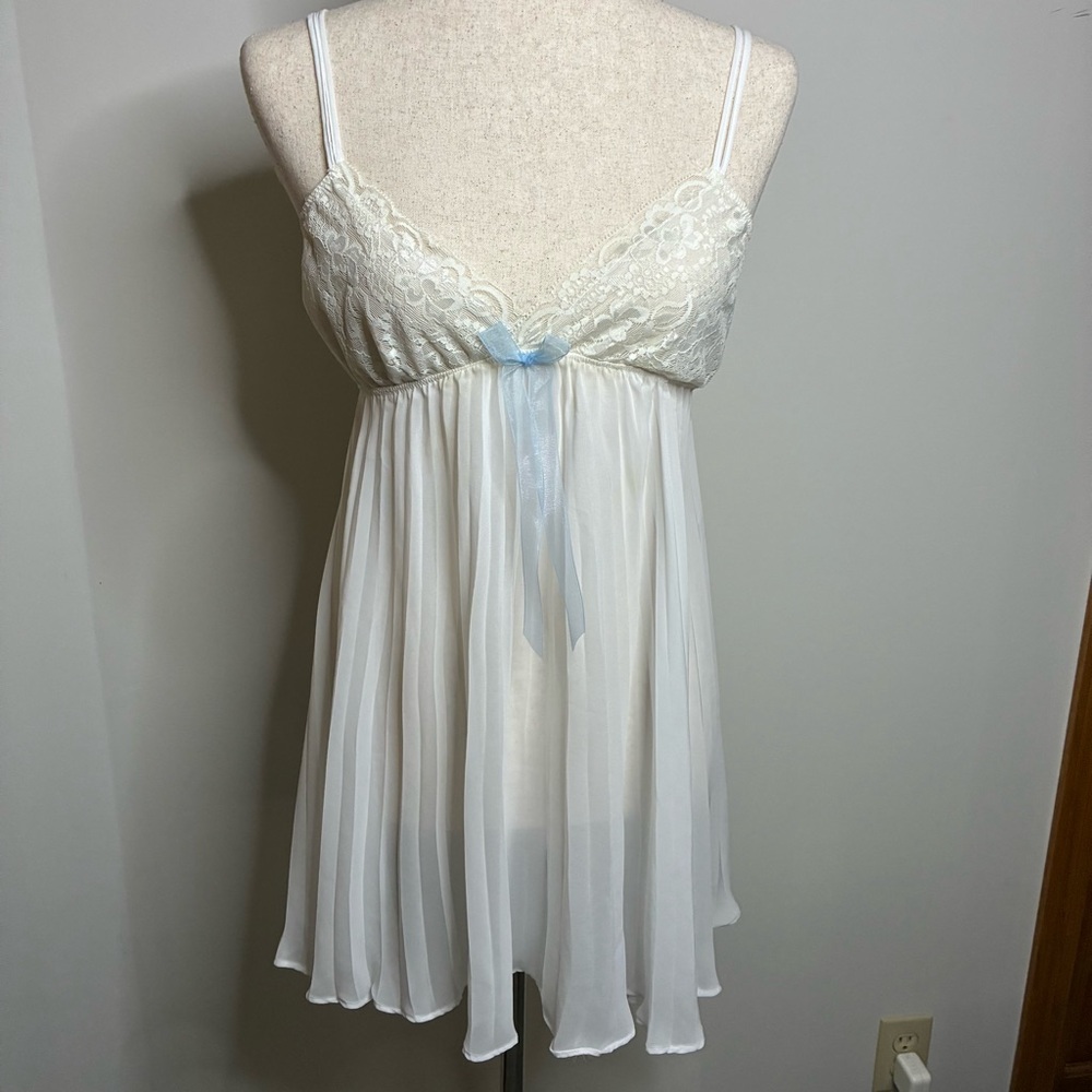 Flora White Lace & Chiffon Babydoll Lingerie Nightgown with Blue Ribbon Bow